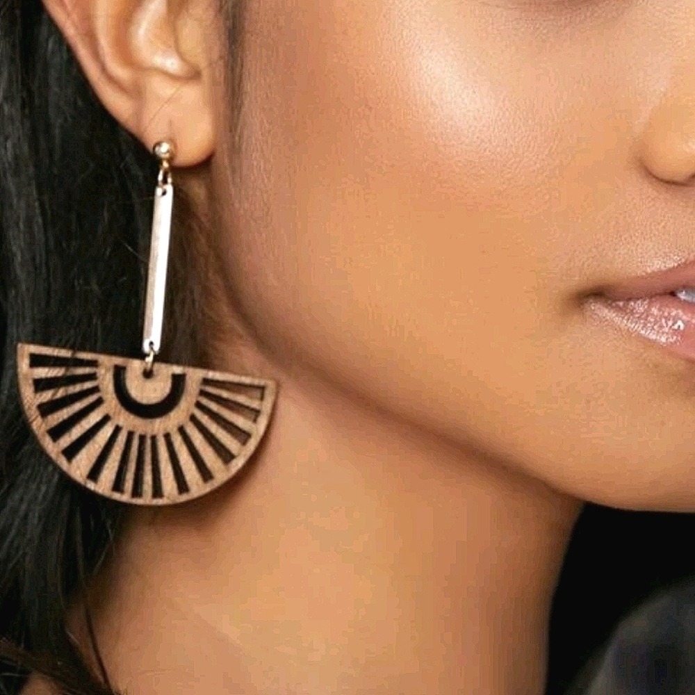 Gold Boho wood fan earrings Geometric Statement Dangle Casual vacation 💖